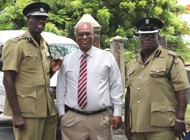 (l-r) Commissioner of Police Mr. Celwyn Walwyn, Premier of Nevis the Honourable Joseph Parry and Superintendent of Police Mr. Hilroy Brandy