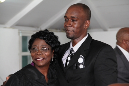 New President of the Nevis Island Assembly warmly congratulated by her son Shawn after he witnessed her being sworn in as the third President of the House