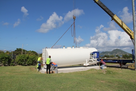 The new US$78,000 AV-Gas tank being installed at the specially built base at the New Castle Airport