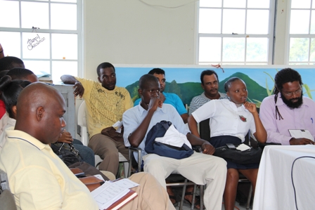 (Front row) Students from the Charlestown Secondary School accompanied by at Teacher and (back row) and farmers on Nevis at the Hydroponics Nutrients Workshop in Prospect