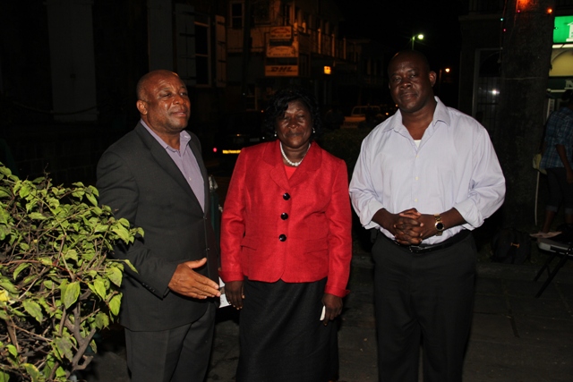 (l-r) Minister of Social and Community Affairs the Honourable Hensley Daniel, Patron Ms. Arlene Williams and Area Representative for the St. Paul’s Parish the Honourable E. Robelto Hector at Charlestown’s Christmas tree lighting ceremony  