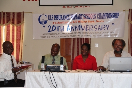 Head table at the press conference for the 2012 Gulf Insurance Primary School Championship (l-r) Nevis Amateur Athletic Association Vice President Mr. Wakely Daniel, Permanent Secretary in the Ministry of Youth and Sports Mr. Alsted Pemberton, Gulf Insurance Ltd. Representative Mrs. Lorraine Browne and President of the Nevis Armature Athletic Association Mr. Lester Blackett  