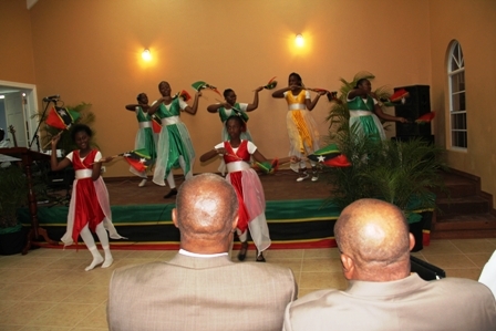 Premier of Nevis and Area Representative Hon. Joseph Parry and Deputy Premier and Minister of Social Development Hon. Hensley Daniel look on at a dance production by Jessups Village youths