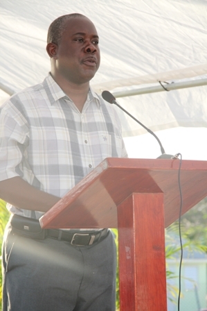 Area Representative for the St. Pauls Parish Hon. Robelto Hector delivering remarks at the official handing over of the ultra modern cafeteria to the Charlestown Primary School on April 25, 2012
