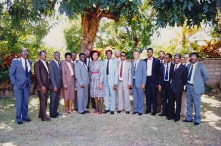 (5th from left) First Premier of Nevis the late Hon. Simeon Daniel and sitting Premier (6th from right) Hon. Joseph Parry together with members of the Federal Government and the Nevis Administration (photo provided by family) including (2nd from left) Prime Minister Hon. Kennedy Simmonds