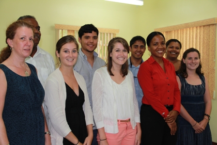 Research students from the University of Virginia with (first row extreme left) Faculty member at the Virginia School of Nursing and member of the School’s Dissertation Committee Ms. Audrey Snyder. (Back row extreme left) Team leader and Professor of Emergency Medicine; Vice President and Chief for Diversity and Equity at the University Dr. Marcus Martin (front row second from right) Health Planner in the Ministry of Health on Nevis Mrs. Nicole Slack-Liburd and (back row extreme right) PhD student of the University of Virginia, School of Nursing Ms. Jamela Martin at the Ministry of Health’s Conference, Nevis Island Administration Building in Charlestown