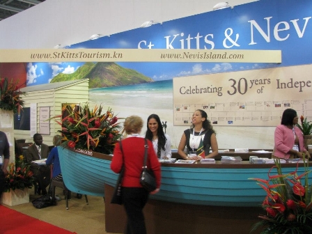 The jointly shared St. Kitts and Nevis Authorities booth at the World Travel Market 2012 at the London Excel Hotel
