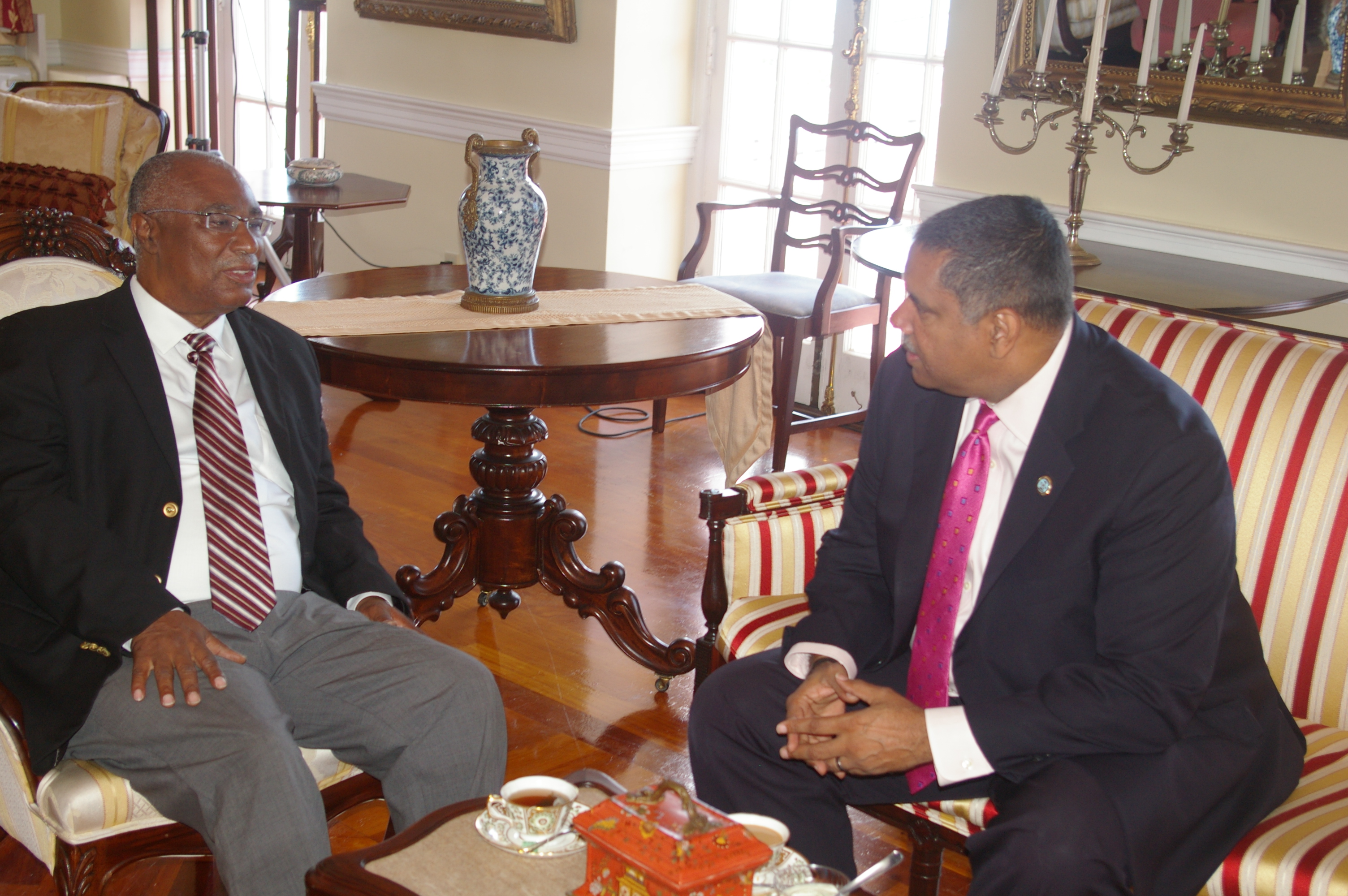 Premier of Nevis, the Hon. Joseph Parry with Governor of the United States Virgin Islands (USVI), the Hon. John P. de Jongh 