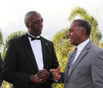 Premier of Nevis Hon. Vance Amory with Head of the Royal St. Christopher and Nevis Police Force Commissioner Celvin Walwyn moments before the start of the 10th annual Police Constable Awards Ceremony and Dinner at the Occasions Entertainment Centre on February 23, 2013