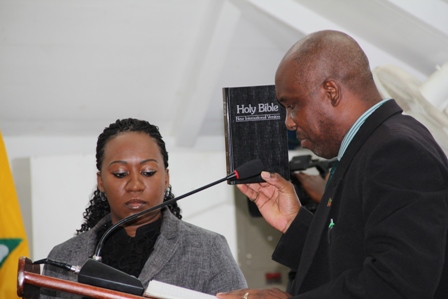 Hon. Carlisle Powell takes his oath as a member of the Opposition at the Nevis Island Assembly