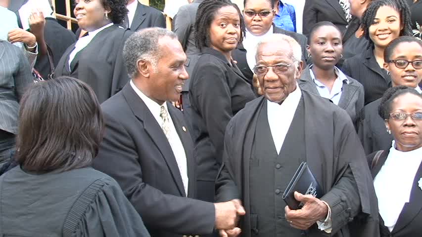 Premier of Nevis Hon. Vance Amory congratulatesSenior Lawyer on Nevis Mr. Theodore Hobson QC after a special sitting of the High Court in Nevis in honour of the 50 year since his admittance to the Bar in St. Christopher and Nevis in November 1963