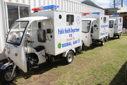 Three tri-ambulettes given to the Ministry of Health on Nevis from Dubai, United Arab Emirates through the Federal Government at the grounds of the Alexandra Hospital on February 24, 2014 for use in the island’s delivery of health care