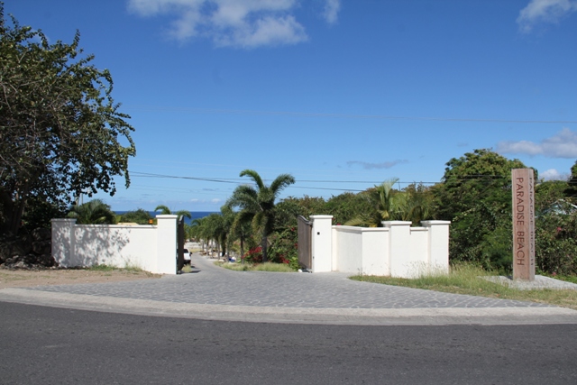 The entrance to the Paradise Beach Nevis Ltd. along the Island Main Road in Colquhoun Estate