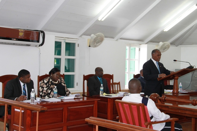 Premier of Nevis and Minister of Finance in the Nevis Island Administration making a presentation with other members of the Nevis Island Administration at a sitting of the Nevis Island Assembly on June 12, 2014