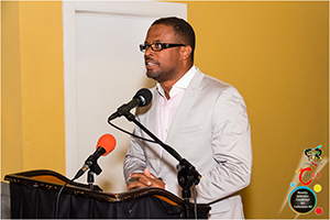  Deputy Premier and Minister of Culture in the Nevis Island Administration Hon. Mark Brantley delivering remarks at the Premier’s Cocktail for Culturama 40 contestants on July 26, 2014 at the Nevis Performing Arts Centre courtyard