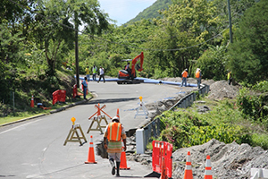A section of the Island Main Road at Maddens with ongoing works on the Nevis Water Supply Enhancement Project