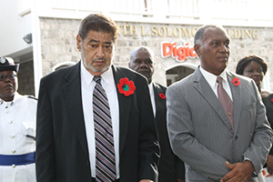 (L-R) Police Officer Sargent Ilena Phillip, Deputy Governor General His Honour Eustace John, President of the Nevis Island Assembly Hon. Farrell Smithen, Premier of Nevis Hon. Vance Amory and Mrs. Amory at the War Memorial on November 09, 2014