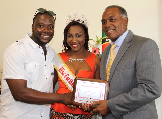 (l-r) Miss Caribbean Culture Queen Show promoter Randy Jeffers, reigning Miss Caribbean Culture Queen Yarani Morton and Premier of Nevis Hon. Vance Amory at Bath Hotel on January 15, 2015