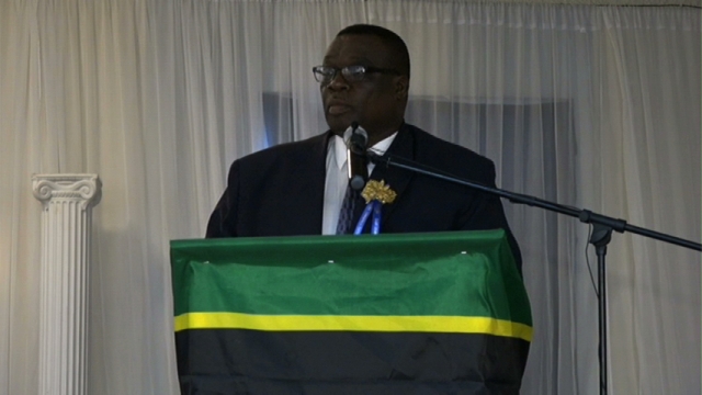 Superintendent Hilroy Brandy delivering remarks at the 12th Annual Constables Awards Ceremony and Dinner on February 28, 2015 at the Occasions Entertainment Arcade.