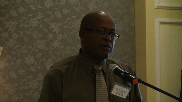 Key speaker and Financial Advisor for the Nevis Island Administration Laurie Lawrence delivering remarks at the Nevis Financial Services Regulation and Supervision Department 2015 Anti-Money Laundering (AML) and Countering Financing of Terrorism (CFT) Awareness Seminar and Training Workshop on March 3 and 4, 2015 at the Four Seasons Resort Conference Room.