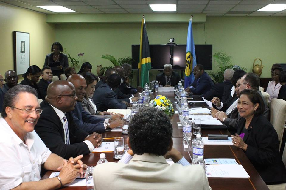 Prime Minister Hon. Dr Timothy Harris (second from left) with other CARICOM Heads at a Caucus in Jamaica on April 08, 2015 ahead of an April 09 CARICOM-US Summit with President Barack Obama in Jamaica