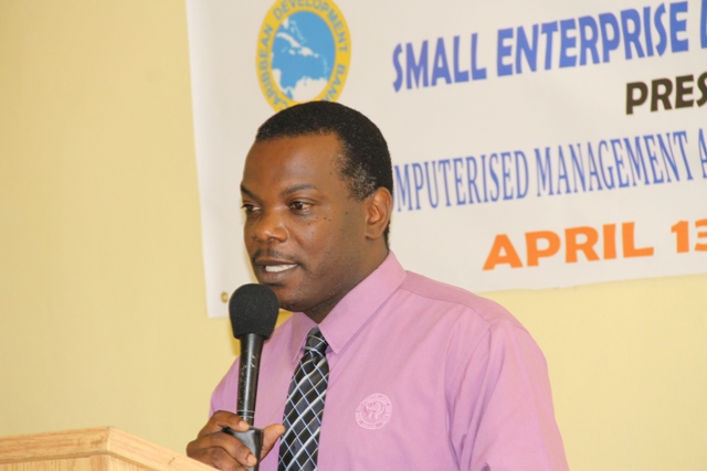 Assistant Manager at the Nevis Corporative Credit Union Ken Williams delivering remarks at the opening ceremony of the Caribbean Development Bank-sponsored Management Accounting Systems for MSMEs workshop on April 13, 2015 at the Department of Education’s Conference Room