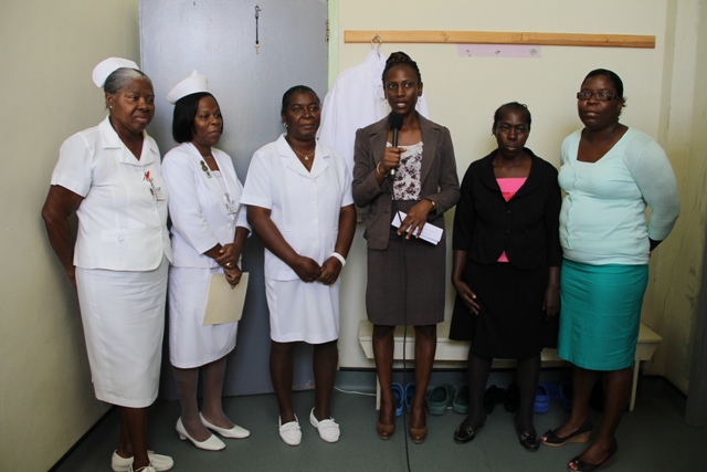 (L-R) Acting Assistant Matron Adriene Stanley, Matron of the Alexandra Hospital Aldris Dias, Nurse Manager of the Alexandra Hospital Laurel Smithen, Health Planner in the Ministry of Health Shelisa Martin Clarke, Voices of Women Representative Gwenneth Browne and Maternal Health Fund Representative Cindy Freeman at the storage handing over ceremony at the Alexandra Hospital operating theatre on April 29, 2015