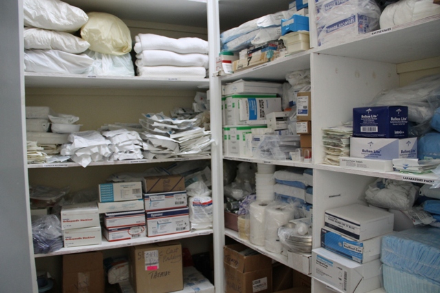 A section of the donated storage room after being stocked with hospital supplies