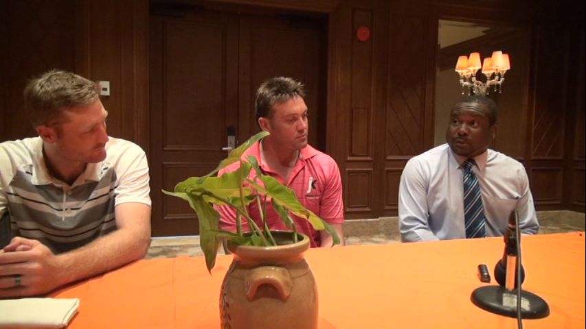 (L-R) St. Kitts-Nevis Patriots player Martin Guptil, Trinidad Red Steel player Jacque Kallis and Permanent Secretary in the Ministry of Sports Keith Glasgow at a press briefing at the Four Season Resort’s Hibiscus conference room on July 01, 2015