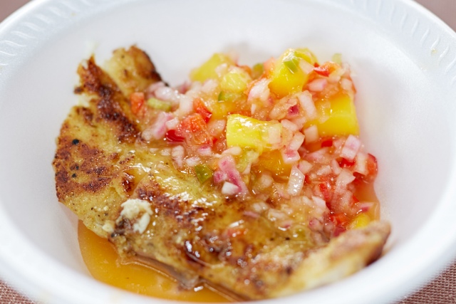 A mango inspired dish by Chef Clarke at The Nevisian Mango Feast hosted by the Nevis Tourism Authority at Oualie Beach on July 12, 2015. Photo by Refined Digital Media