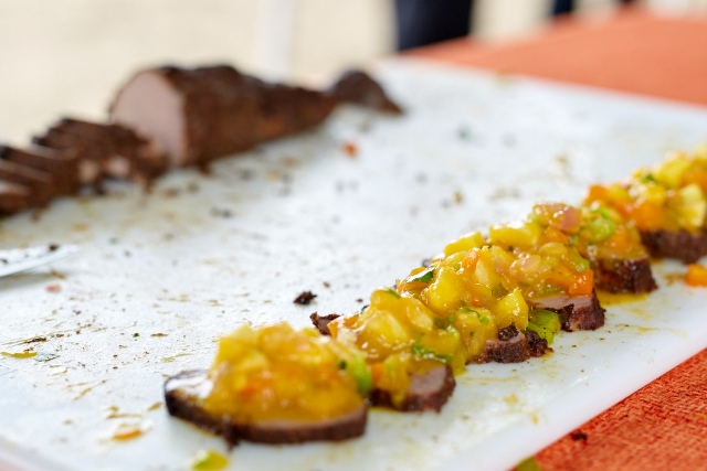  Chef Henville’s mango inspired dish at The Nevisian Mango Feast hosted by the Nevis Tourism Authority at Oualie Beach on July 12, 2015. Photo by Refined Digital Media