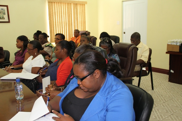 Head teachers on Nevis at a meeting with Premier of Nevis and Minister of Education Hon. Vance Amory at the Ministry of Finance conference room on July 21, 2015