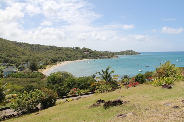The view of Oualie Beach from Hurricane Cove on the Caribbean Sea coast not affected by Sargassum seaweed