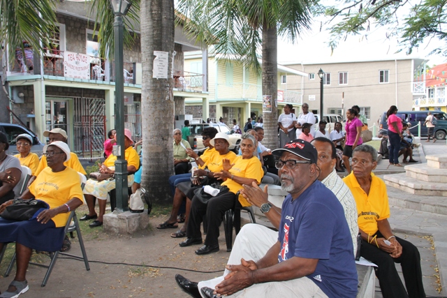 A section of persons who attended the launch of the Ministry of Social Development’s Seniors Subsidized Transportation Programme at the Memorial Square in Charlestown on October 01, 2015