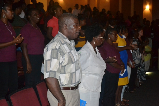Members of the Nevis Teachers’ Union observing World Teachers day at the Nevis Performing Arts Centre at Pinney’s on October 05, 2015