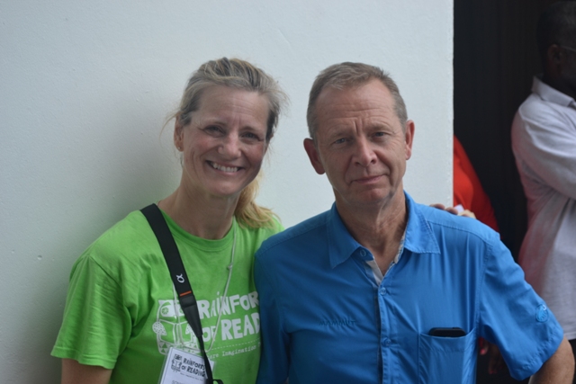 Founders of the Rainforest of Reading programme Richard Clewes and Sonya White at the Elquemedo T. Willett Park attending the first Rainforest of Reading Book Festival in Nevis on November 06, 2015