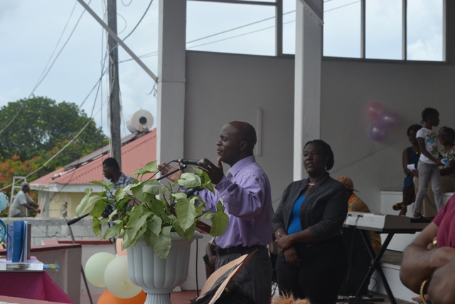 Permanent Secretary in the Premier’s Ministry Wakely Daniel delivering remarks at the start of the first Rainforest of Reading Book Festival at the Elquemedo T. Willett Park on November 06, 2015