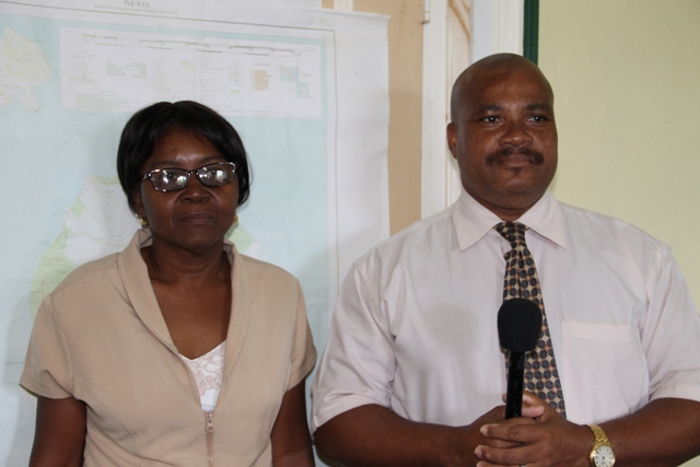 (l-r) President of the Nevis Teachers’ Union Ornette Webbe and President of the St. Kitts Teachers’ Union Ron Dublin Collins at the Nevis Island Administration’s conference room at Bath Hotel on November 11, 2015