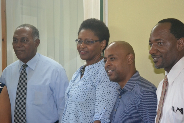 (l-r) Premier of Nevis and Minister of Education Hon. Vance Amory with European Union Consultant responsible for TVET and Training Karen Gayle, European Union Consultant responsible for TVET and Quality Assurance Orlando Hewitt and Assistant Permanent Secretary in Premier’s Ministry Mr. Kevin Barett following a meeting at the Nevis Island Administration’s conference at Bath Plain on November 27, 2015