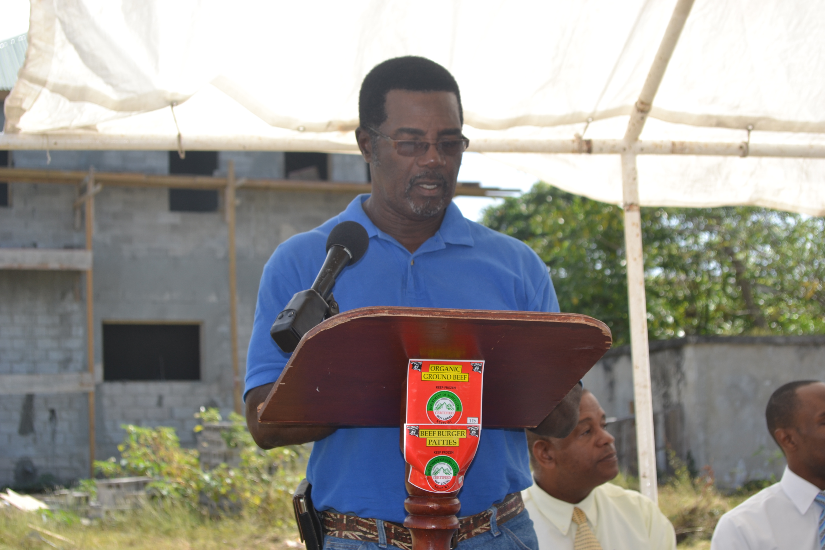 Mr. Edmund Jeffers Contractor for Nevis Housing and Land Development Corporation for Abattoir Extension giving an overview of the project at the Ground Breaking Ceremony for the extension of the Abattoir Division on the Abattoir Division Grounds on January 26 2016