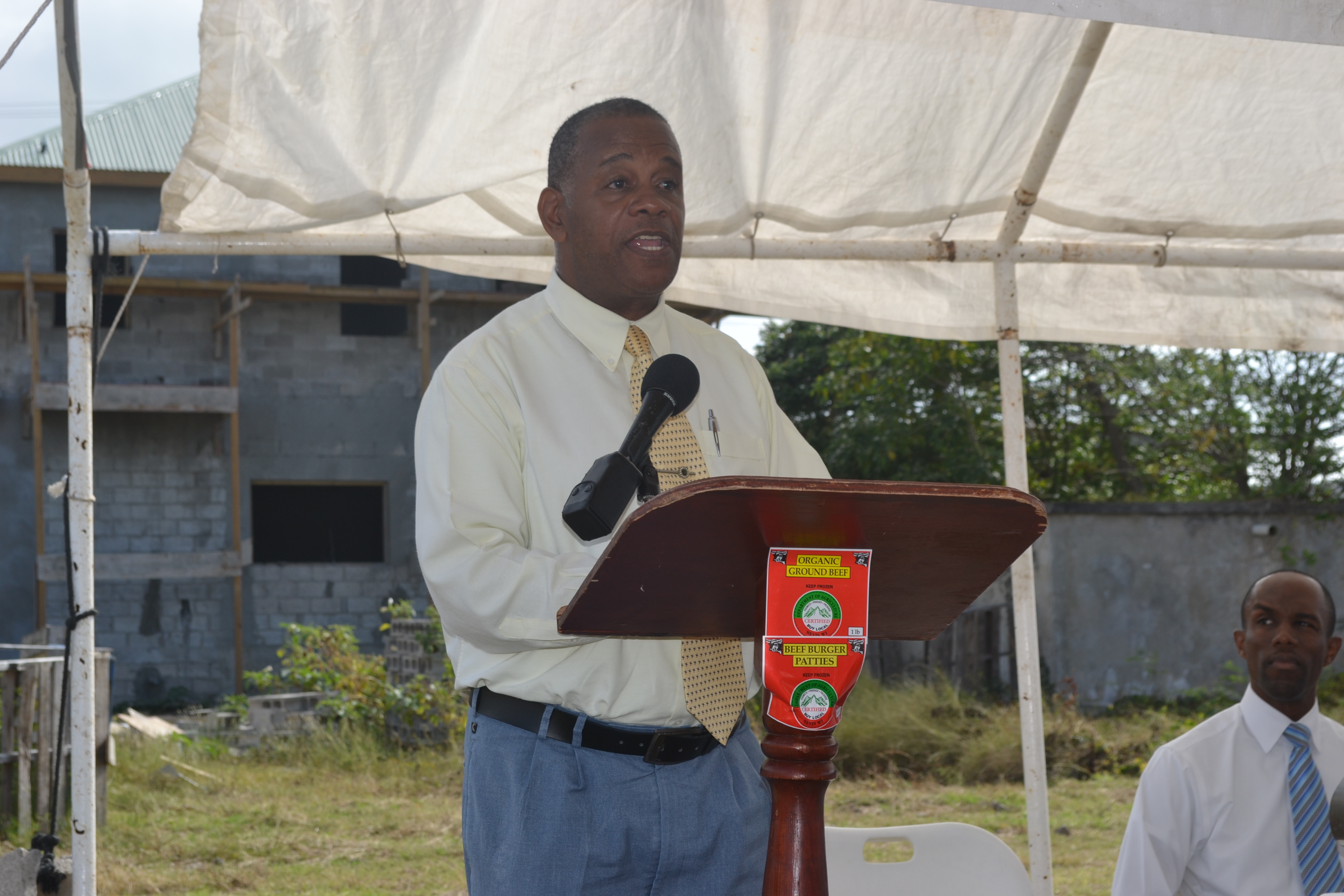 Permanent Secretary in Ministry of Agriculture Mr. Eric Evelyn delivering Welcome and Opening remarks at the Ground Breaking Ceremony for the extension of the Abattoir Division on the Abattoir Division Grounds on January 26 2016