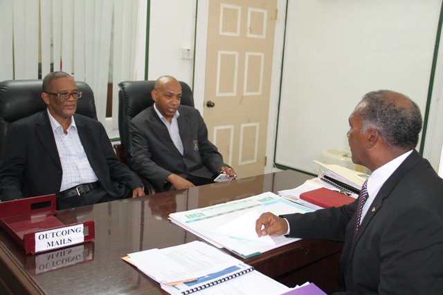 Premier of Nevis Hon. Vance Amory meeting with (l-r) Permanent Secretary in the Ministry of National Security Mr. Osmond Petty and Mr. Neals J. Chitan, International Social Skills Consultant and Motivational Speaker and at his office at Bath Plain on June 08, 2016