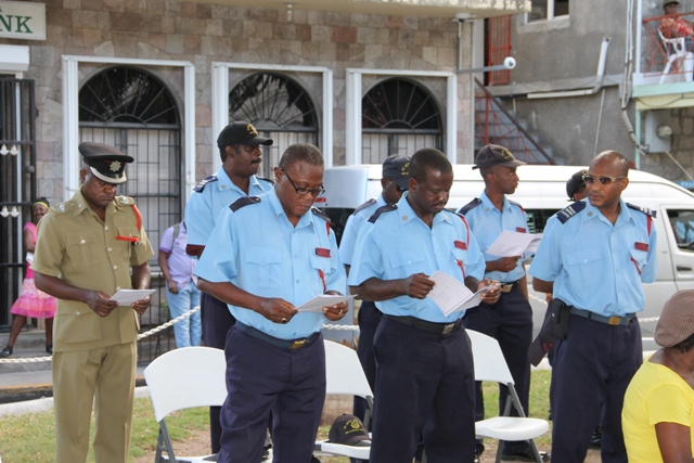 A Contingent from the St. Kitts and Nevis Fire and Rescue Services at the Nevis Christian Council’s prayer service for God’s protection during the 2016 hurricane season at the Memorial Square in Charlestown on June 17, 2016