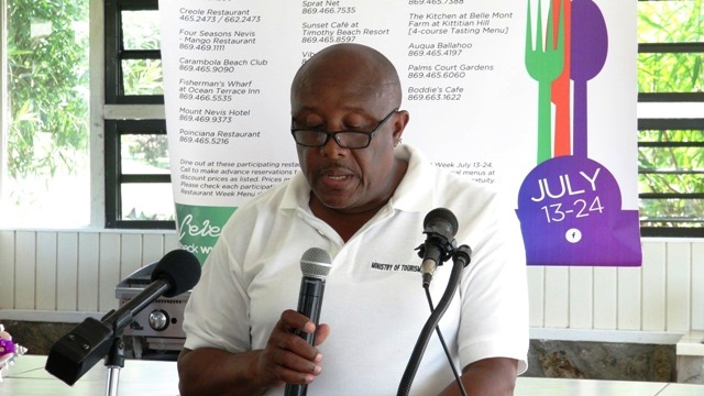 Permanent Secretary in the Ministry of Tourism on Nevis Carl Williams delivering remarks at the St. Kitts and Nevis Restaurant Week Tasting Showcase at the Mount Nevis Hotel on July 15, 2016