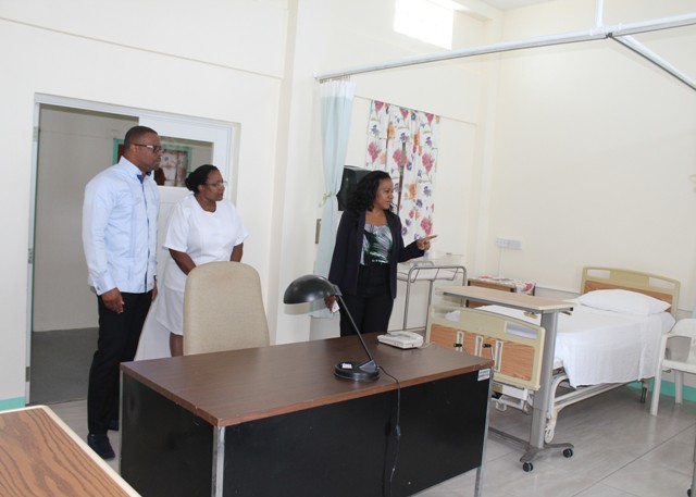 (l-r) Minister of Health Hon. Mark Brantley, Acting Matron at the Alexandra Hospital Jessica Scarborough and Permanent Secretary in the Ministry of Health Nicole Slack-Liburd touring the maternity ward at the Alexandra Hospital on July 15, 2016 after renovations