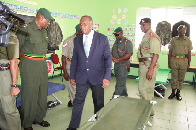 Premier of Nevis and Minister of Security, inspects the barracks at the St. Kitts-Nevis Defence Force training camp at the Elizabeth Pemberton Primary School at Cole Hill on August 25, 2016