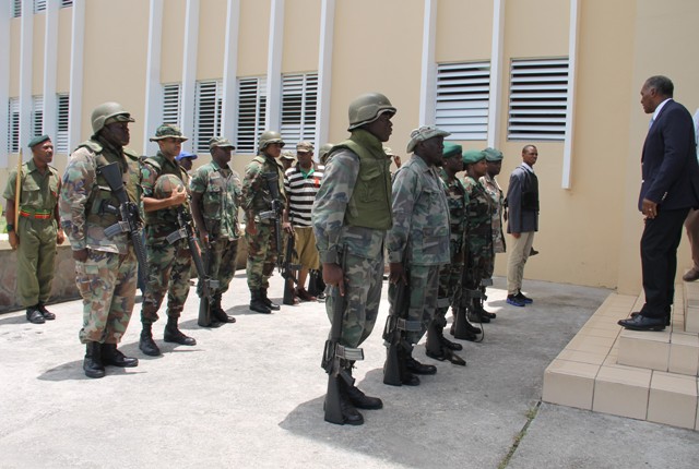 Premier of Nevis and Minister of Security Hon. Vance Amory thanks members of the St. Kitts and Nevis Defence Force Reserve Corps at a training camp at the Elizabeth Pemberton Primary School at Cole Hill on August 25, 2016