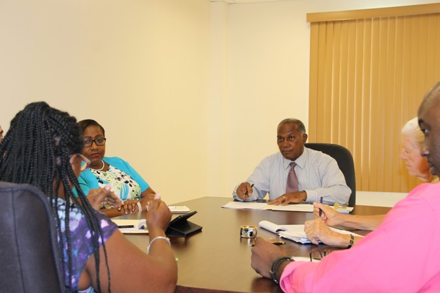 Premier of Nevis Hon. Vance Amory addressing executive members of the Nevis Division of the St. Kitts and Nevis Chamber of Industry and Commerce (l-r) Patricia Claxton, Alice Tyson, Oscar Walters and Deborah Lellouch at the Premier’s Ministry at Pinney’s on September 13, 2016