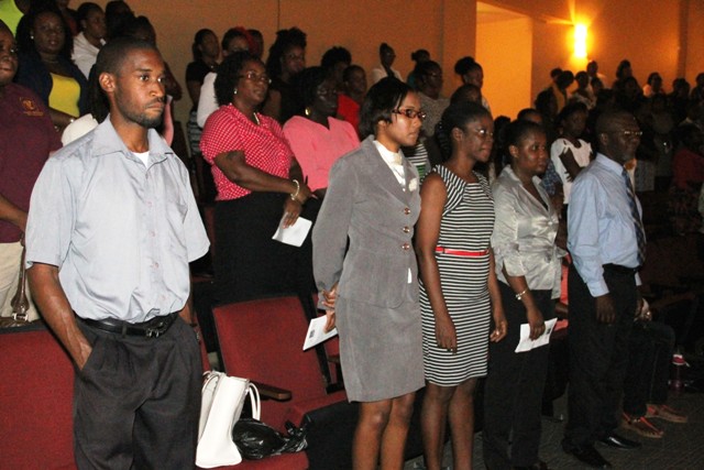 A section of teachers and school auxiliary staff on Nevis at the Department of Education’s annual Back to School opening ceremony at the Nevis Performing Arts Centre on August 29, 2016