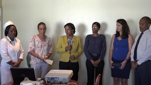(L-r) Matron at the Alexandra Hospital Aldris Pemberton-Dias, President of the Paediatric Assistance League of St. Kitts and Nevis Giselle Matthews, Permanent Secretary in the Ministry of Health Nicole Slack-Liburd, Paediatrician at the Alexandra Hospital Dr. Cloe Smithen, Treasurer of the League Carolyn Chisholm and Hospital Administrator Gary Pemberton at a handing over ceremony of equipment for the Paediatric Ward at the hospital’s conference room on October 18, 2016